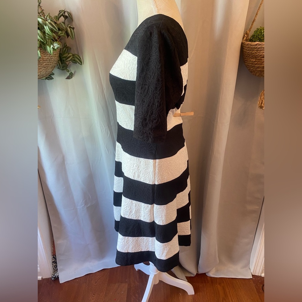 ❌SOLD❌ROBBIE BEE BLACK AND WHITE STRIPED FIT AND FLARE DRESS PL LARGE - Picture 3 of 5